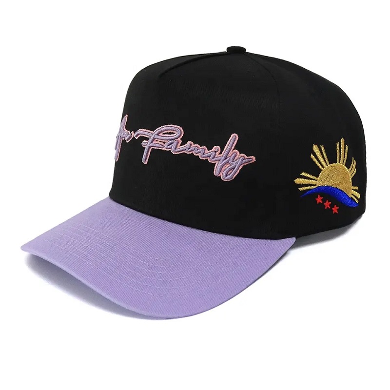 Új érkezési kontraszt színű fekete és lila egyedi szín 5 panel hímzés logó baseball sapka sport sapkák felnőtteknek