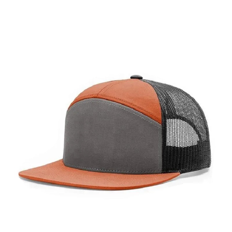Kiváló minőségű egyedi síkság 7 panel háló teherautó kalap snapback kalap
